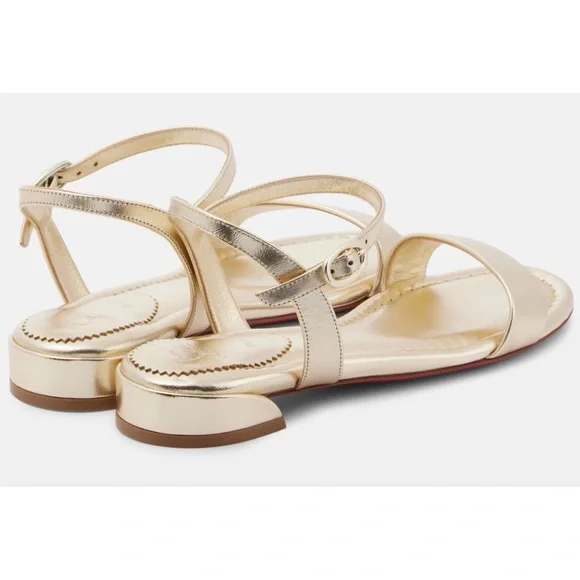 Christian Louboutin Sweet Jane Sandal Flat Platine Gold Leather Ankle Strap 40.5